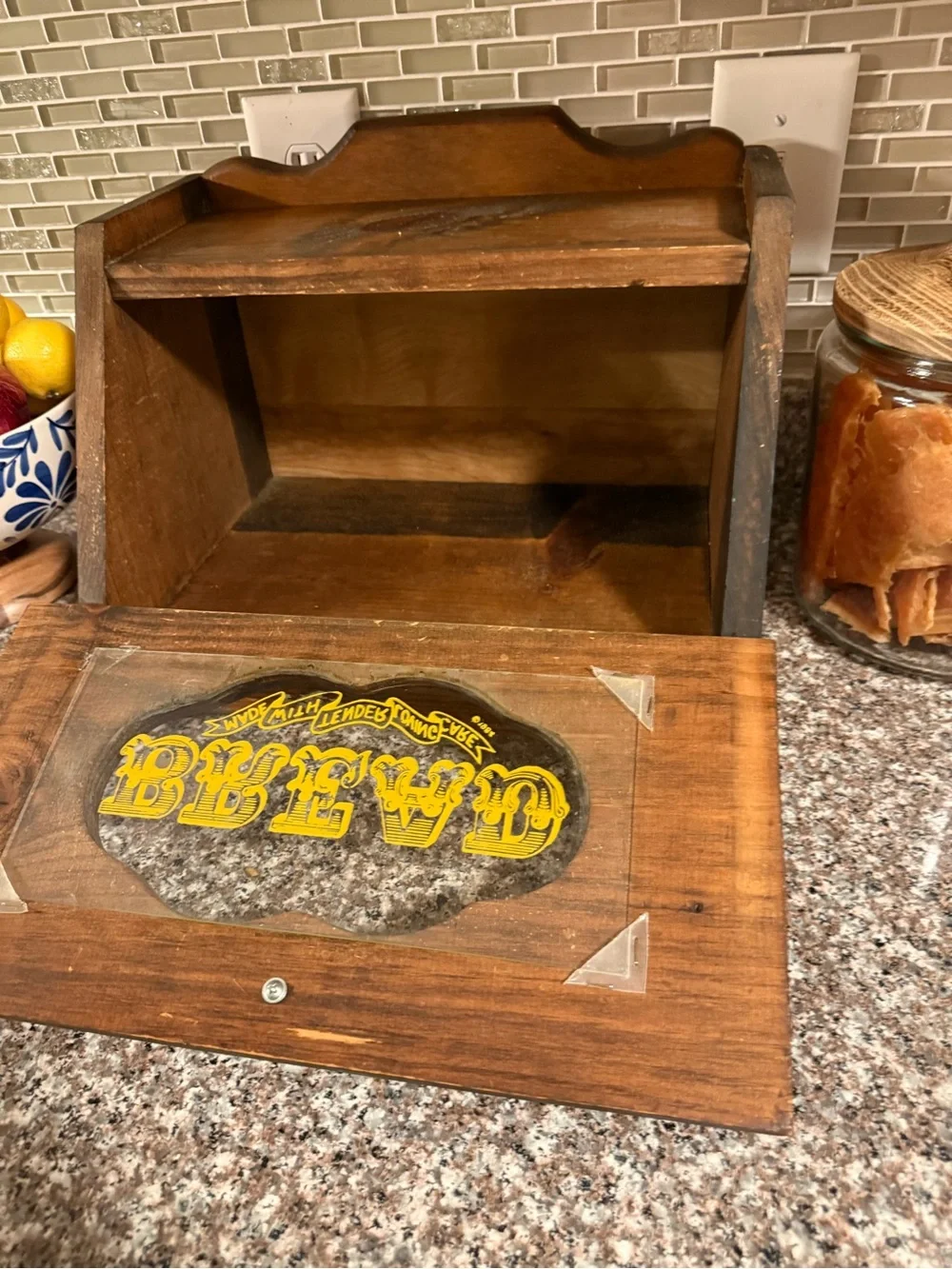 Wooden Bread Box with Yellow 'BREAD' Graphic